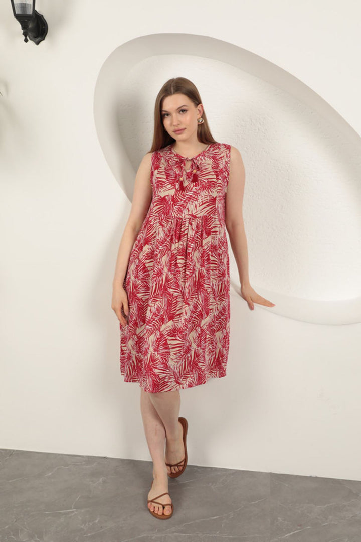 KKT Viscose Fabric Palm Pattern Dress-Red - Diamond Bar