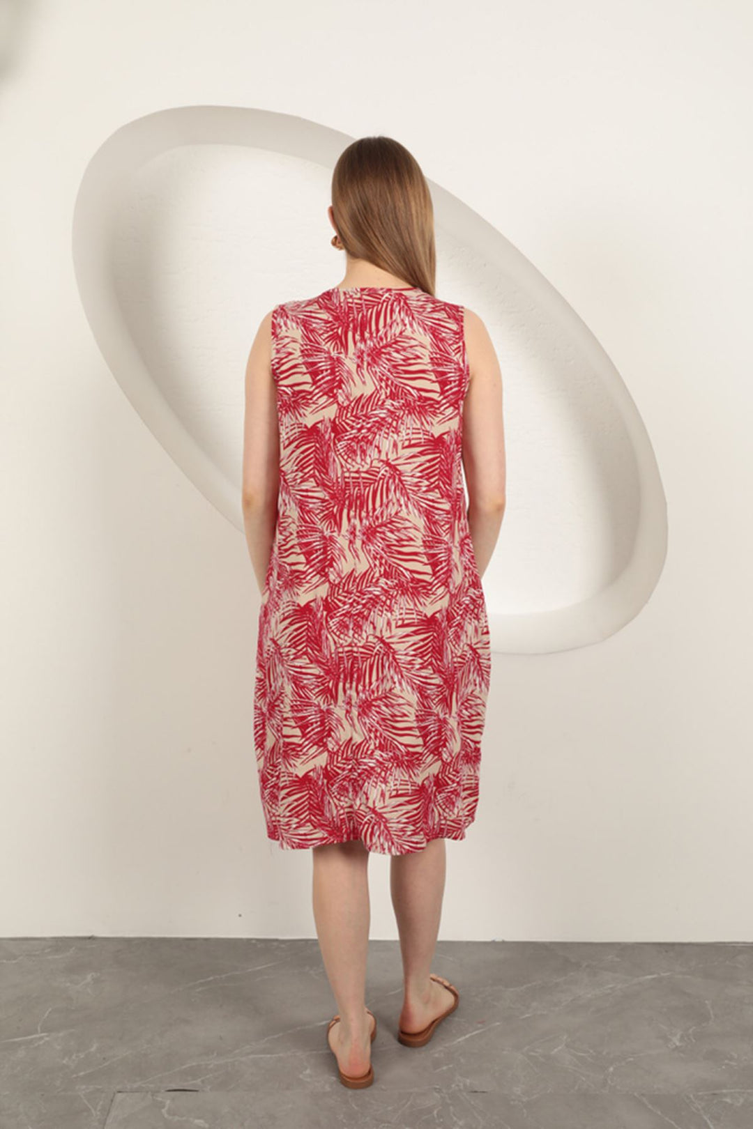 KKT Viscose Fabric Palm Pattern Dress-Red - Diamond Bar