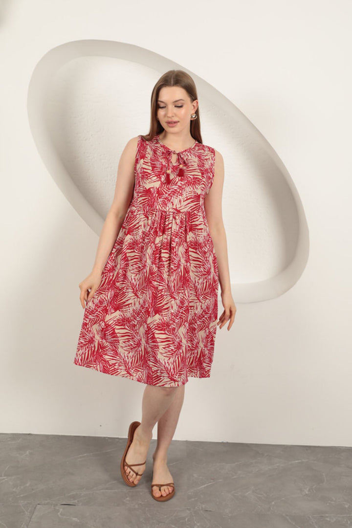 KKT Viscose Fabric Palm Pattern Dress-Red - Diamond Bar