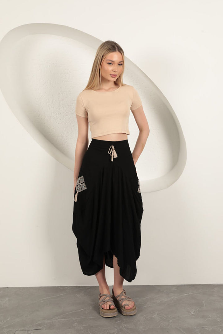 KKT Viscose Fabric Embroidered Skirt-Black - Pensacola