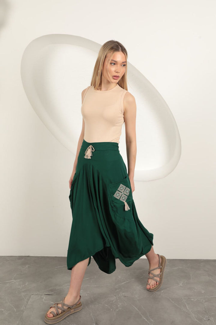 KKT Viscose Fabric Embroidered Skirt-Green - Schio