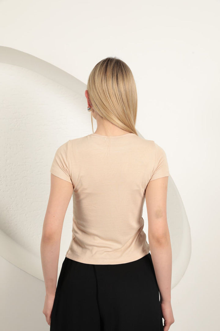 KKT Çilek Viscose Fabric Basic T-Shirt-Beige - Lacey