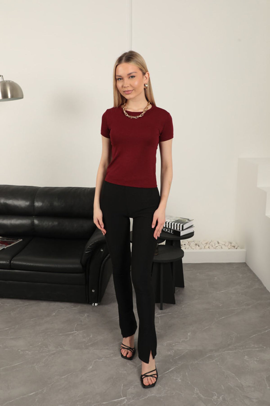 KKT Çilek Viscose Fabric Basic T-Shirt-Burgundy - Rock Hill