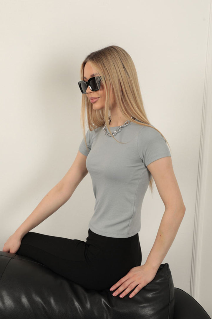 KKT Strawberry Viscose Fabric Basic T-Shirt-Grey - Cerveteri