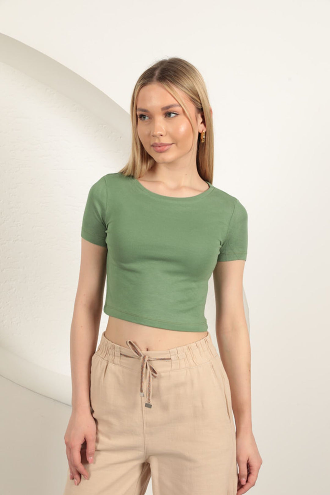 KKT Çilek Viscose Fabric Basic Crop-Khaki - Las Delicias