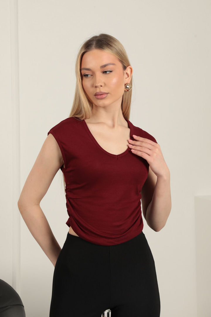 KKT Çilek Viscose Fabric Side Gathered Blouse-Burgundy - Sevran