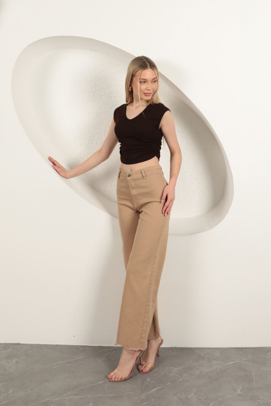 KKT Strawberry Viscose Fabric Side Gathered Blouse-Brown - Maddaloni