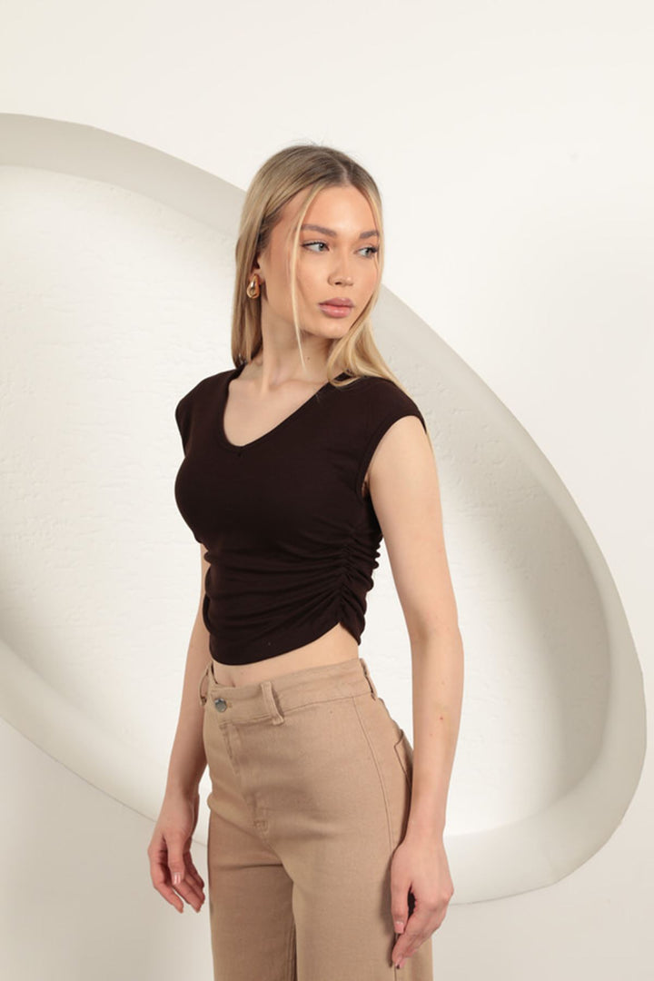 KKT Strawberry Viscose Fabric Side Gathered Blouse-Brown - Maddaloni