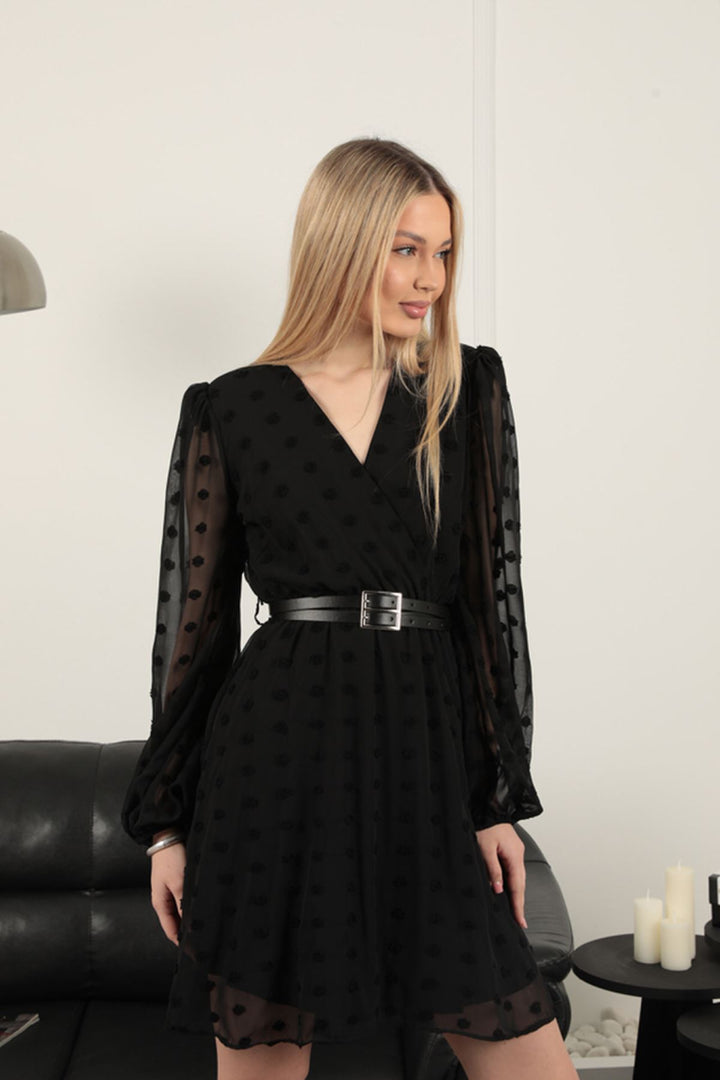 KKT Chiffon Fabric Pompom Detailed Dress-Black - Le Havre