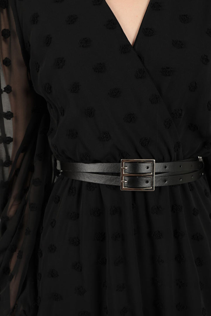 KKT Chiffon Fabric Pompom Detailed Dress-Black - Le Havre