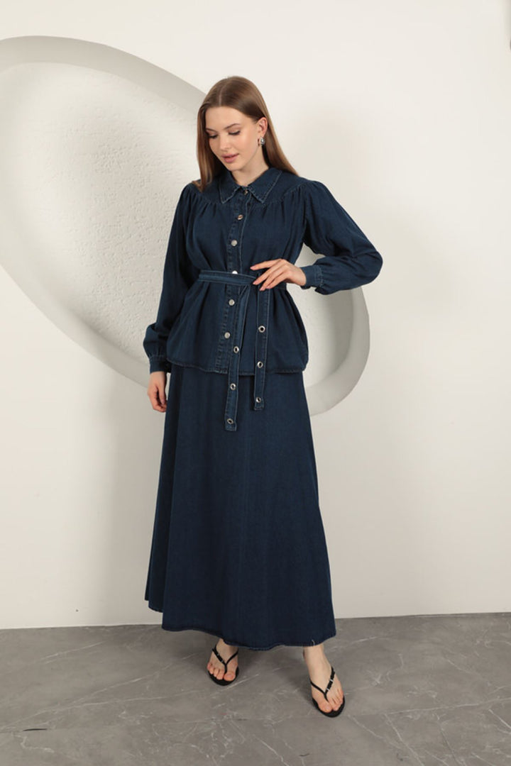 KKT Denim Fabric Skirt Women's Suit-Dark Blue - North Fort Myers