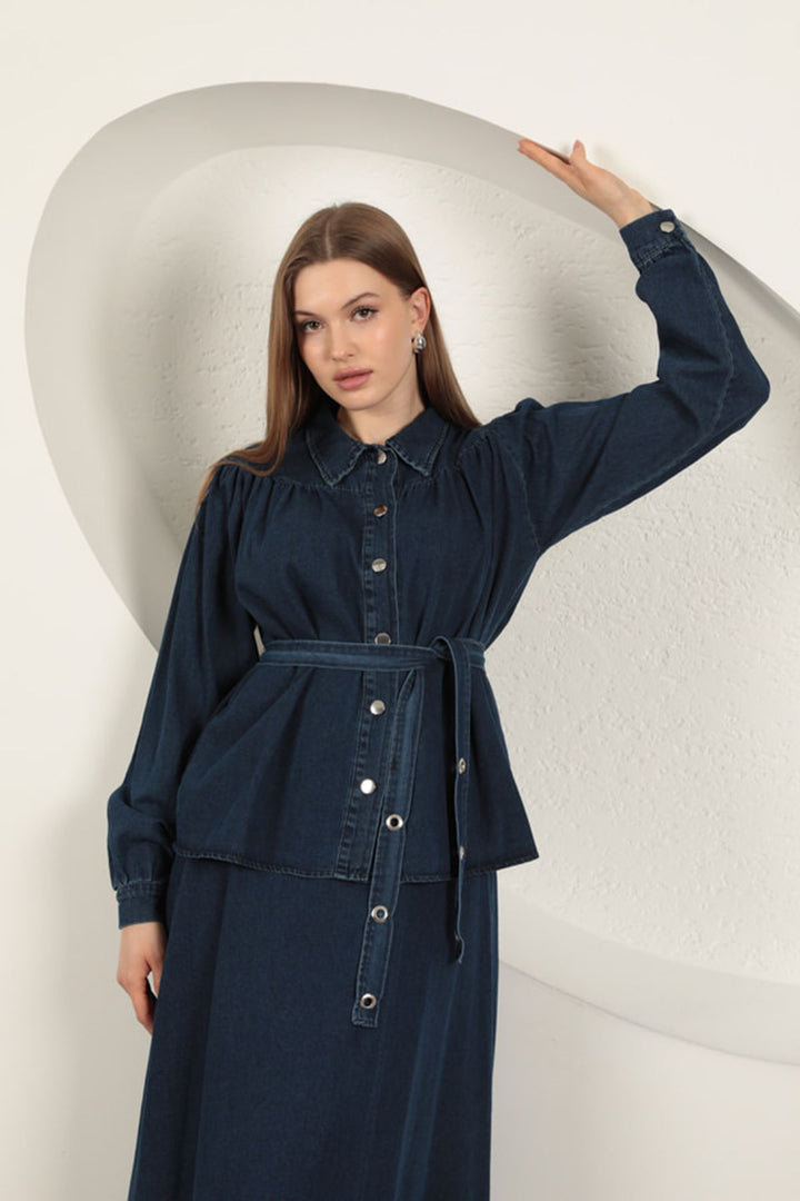 KKT Denim Fabric Skirt Women's Suit-Dark Blue - North Fort Myers