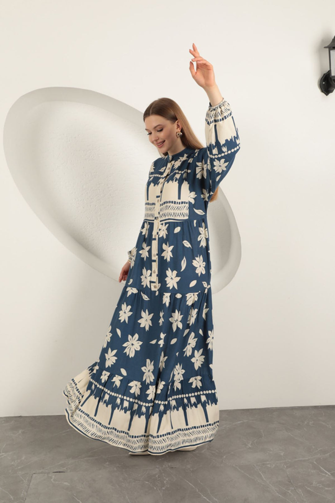 KKT Viskon Kumaş Çiçek Design Kadın Elbise-Indigo - Herford