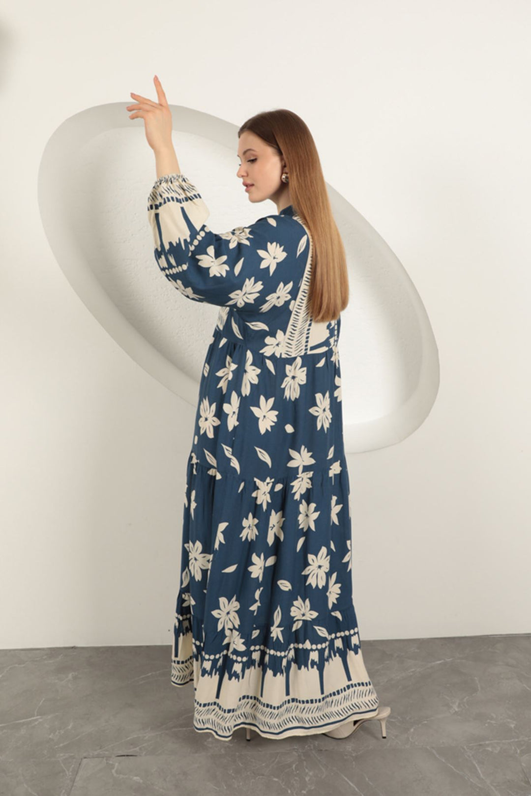 KKT Viskon Kumaş Çiçek Design Kadın Elbise-Indigo - Herford