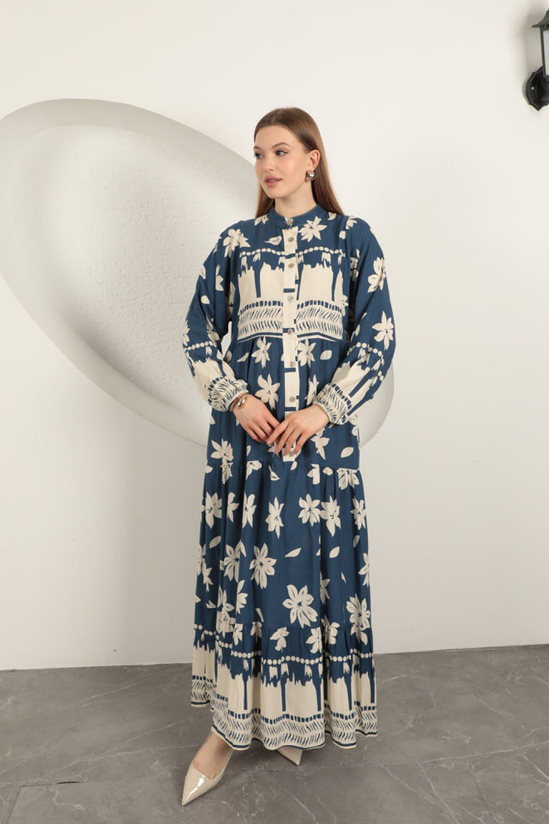 KKT Viskon Kumaş Çiçek Design Kadın Elbise-Indigo - Herford