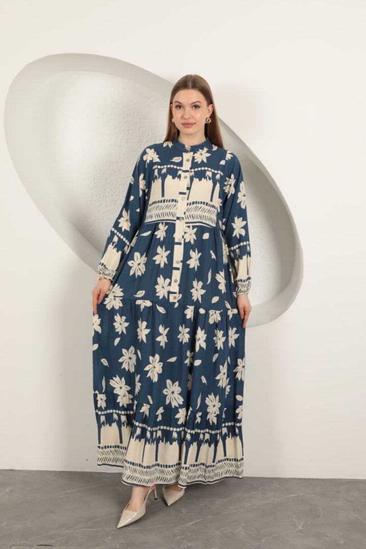 KKT Viskon Kumaş Çiçek Design Kadın Elbise-Indigo - Herford