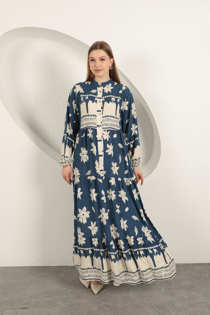 KKT Viskon Kumaş Çiçek Design Kadın Elbise-Indigo - Herford