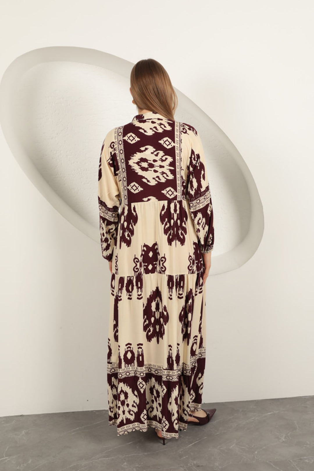 KKT Viscose Fabric Ethnic Pattern Women's Dress-Burgundy - Zempoala