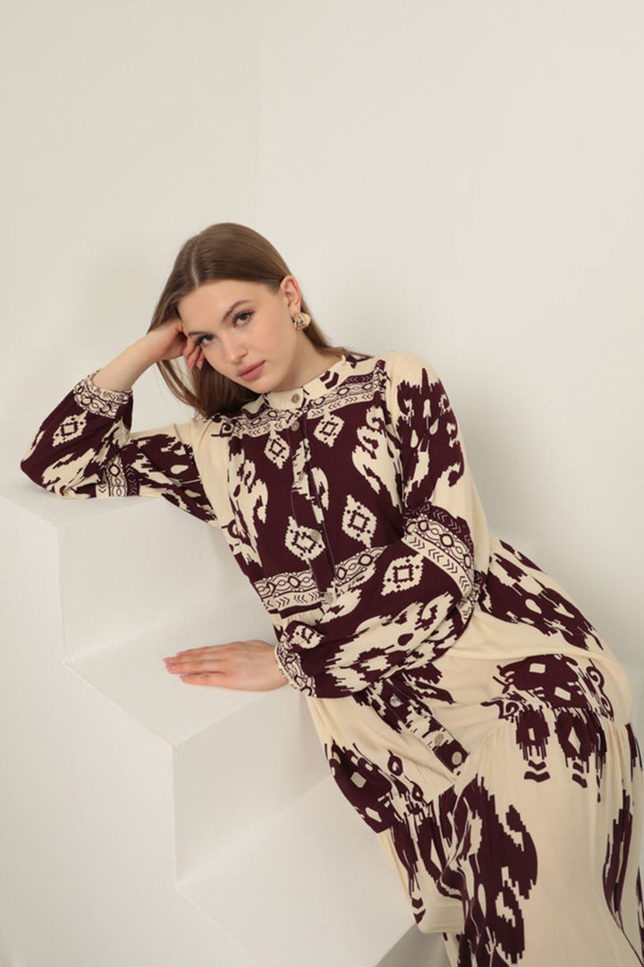 KKT Viscose Fabric Ethnic Pattern Women's Dress-Burgundy - Zempoala