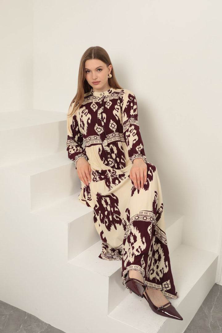 KKT Viscose Fabric Ethnic Pattern Women's Dress-Burgundy - Zempoala