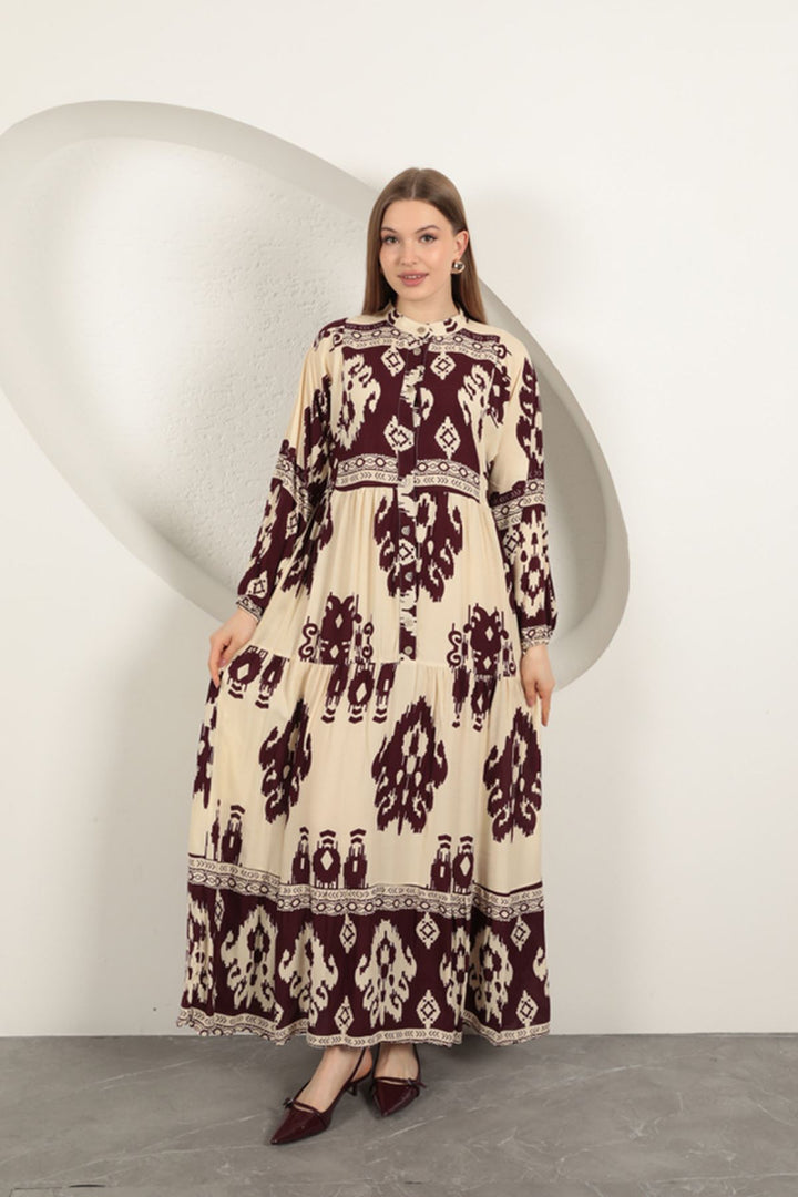 KKT Viscose Fabric Ethnic Pattern Women's Dress-Burgundy - Zempoala