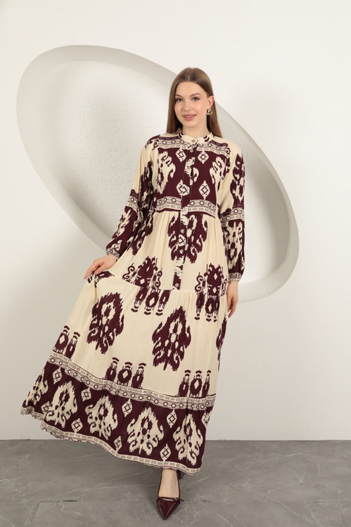 KKT Viscose Fabric Ethnic Pattern Women's Dress-Burgundy - Zempoala