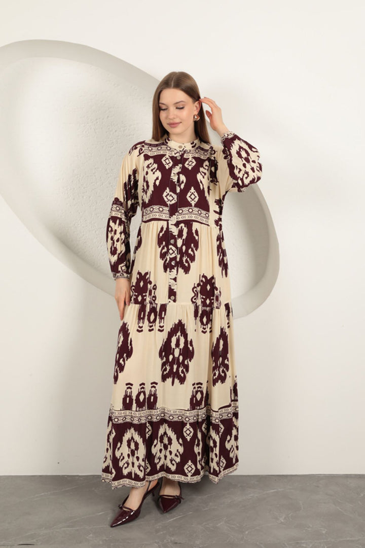 KKT Viscose Fabric Ethnic Pattern Women's Dress-Burgundy - Zempoala