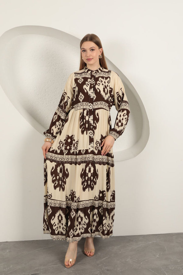 KKT Viscose Fabric Ethnic Pattern Women's Dress-Coffee - Chalkída