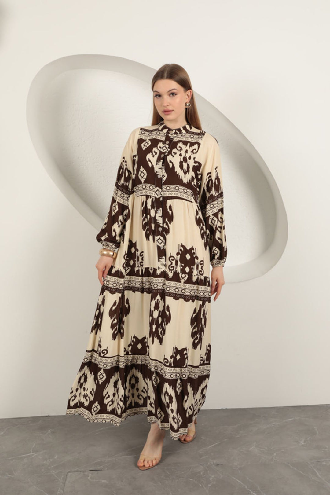 KKT Viscose Fabric Ethnic Pattern Women's Dress-Coffee - Chalkída