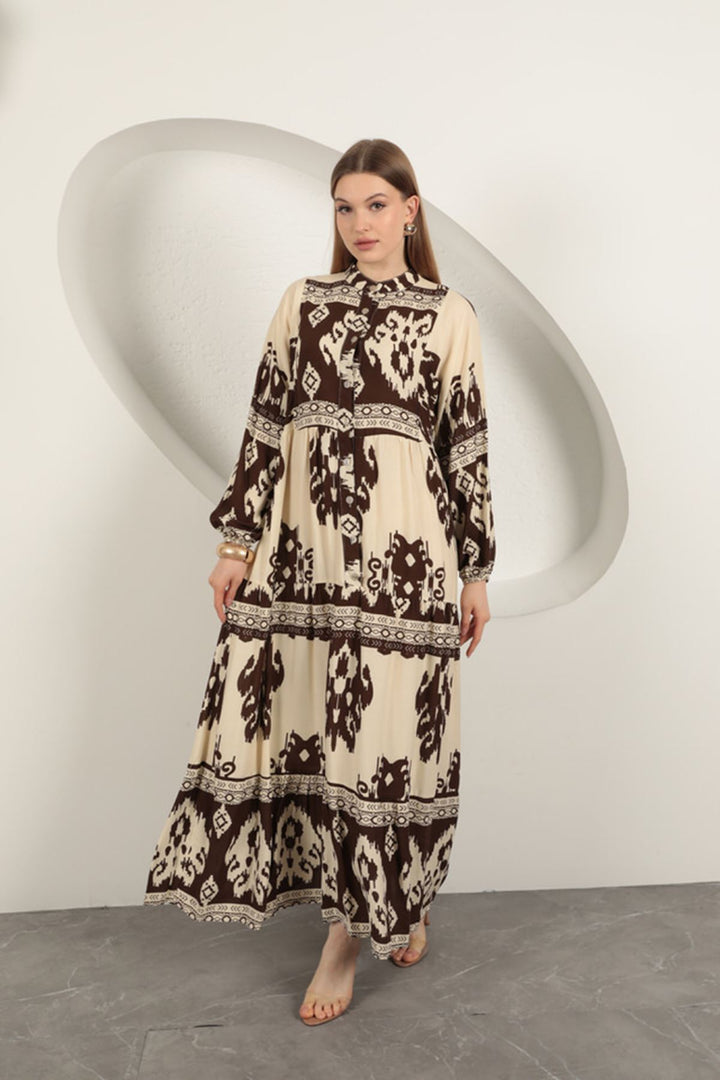 KKT Viscose Fabric Ethnic Pattern Women's Dress-Coffee - Chalkída