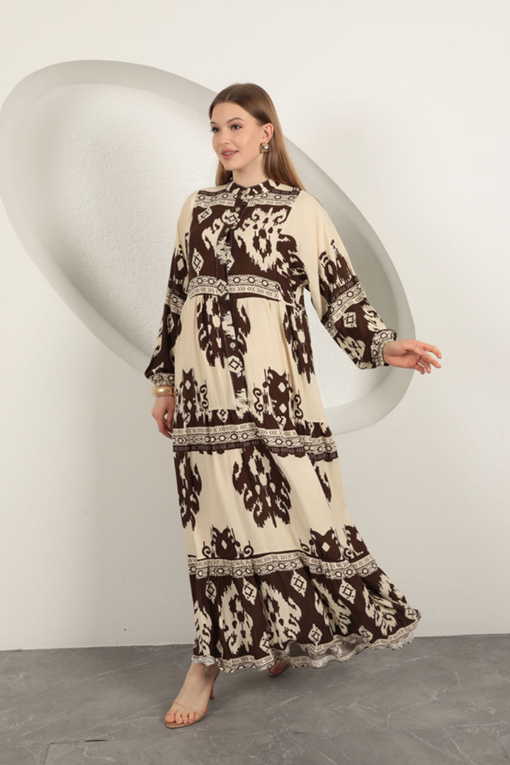 KKT Viscose Fabric Ethnic Pattern Women's Dress-Coffee - Chalkída