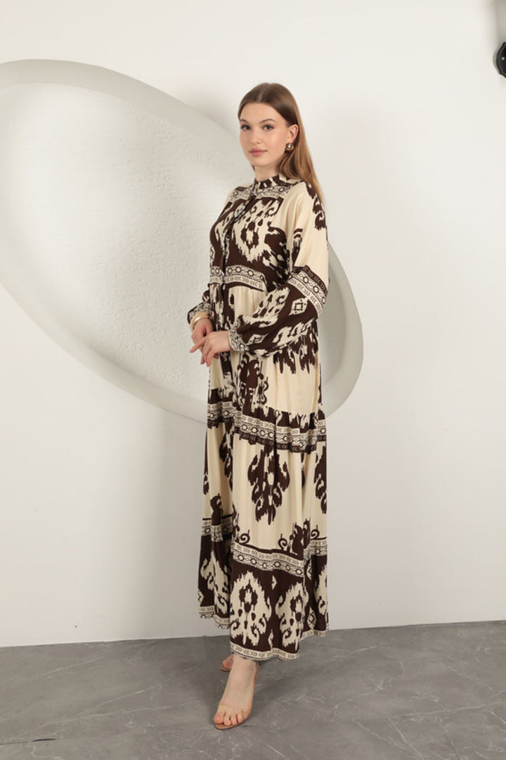 KKT Viscose Fabric Ethnic Pattern Women's Dress-Coffee - Chalkída