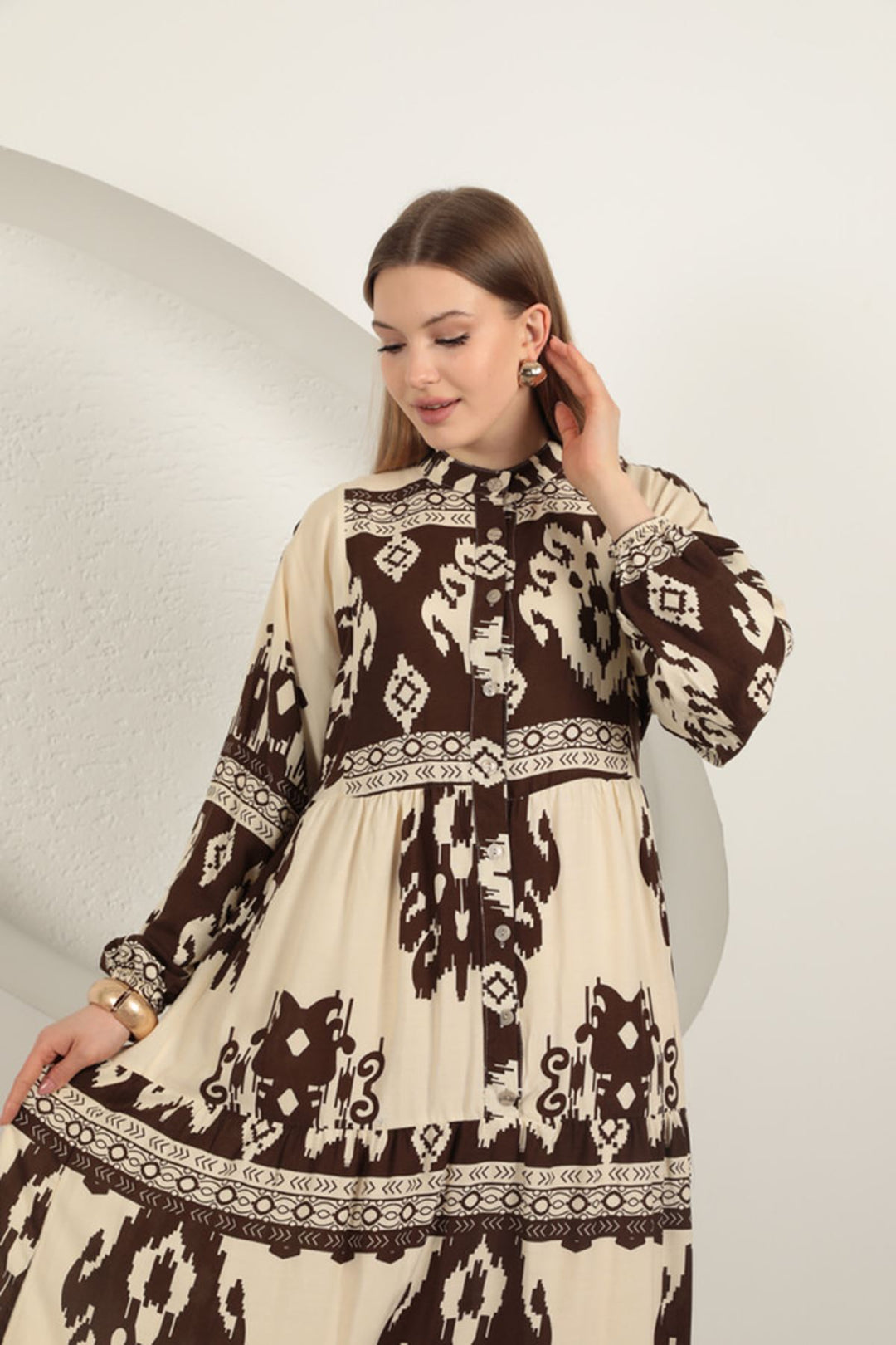 KKT Viscose Fabric Ethnic Pattern Women's Dress-Coffee - Chalkída