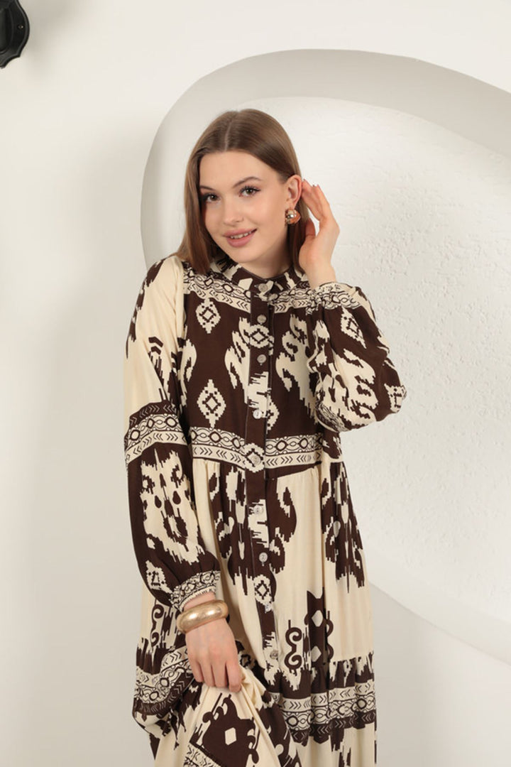 KKT Viscose Fabric Ethnic Pattern Women's Dress-Coffee - Chalkída
