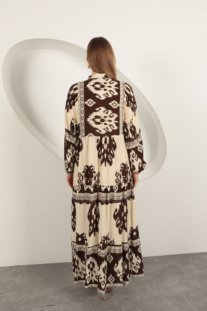 KKT Viscose Fabric Ethnic Pattern Women's Dress-Coffee - Chalkída