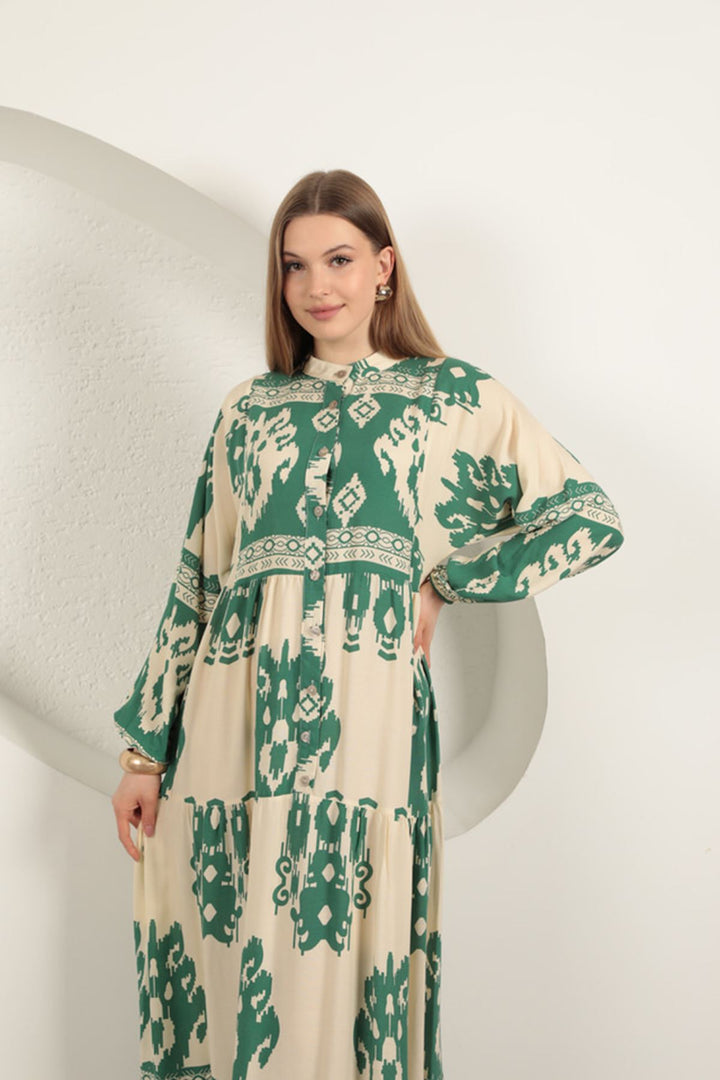 KKT Viscose Fabric Ethnic Pattern Women's Dress-Green - Amersfoort