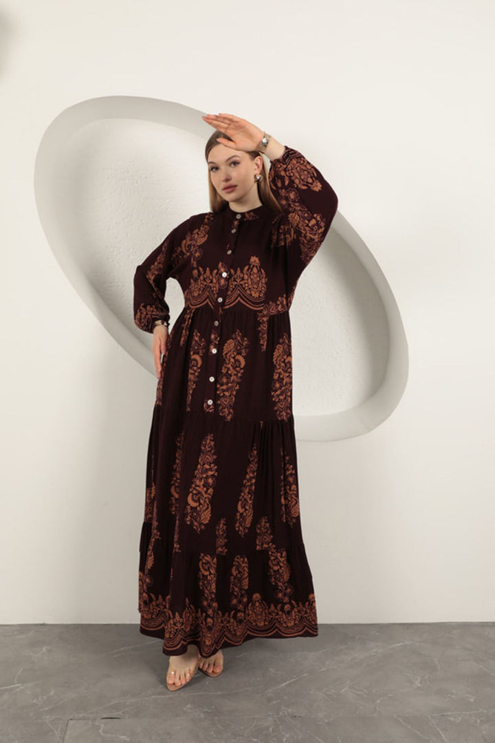 KKT Viscose Fabric Ethnic Pattern Women's Dress-Burgundy - Beveren