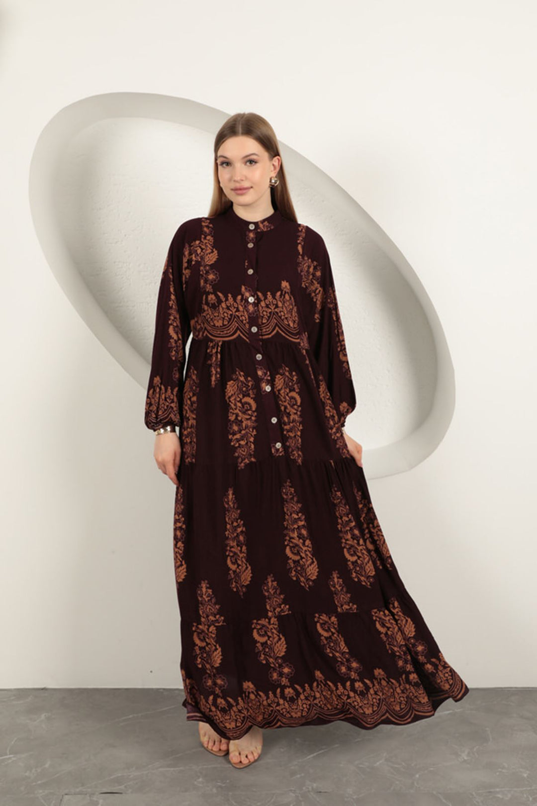 KKT Viscose Fabric Ethnic Pattern Women's Dress-Burgundy - Beveren