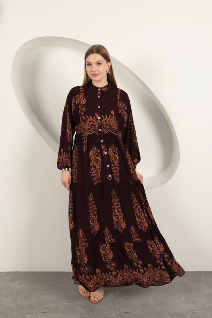 KKT Viscose Fabric Ethnic Pattern Women's Dress-Burgundy - Beveren