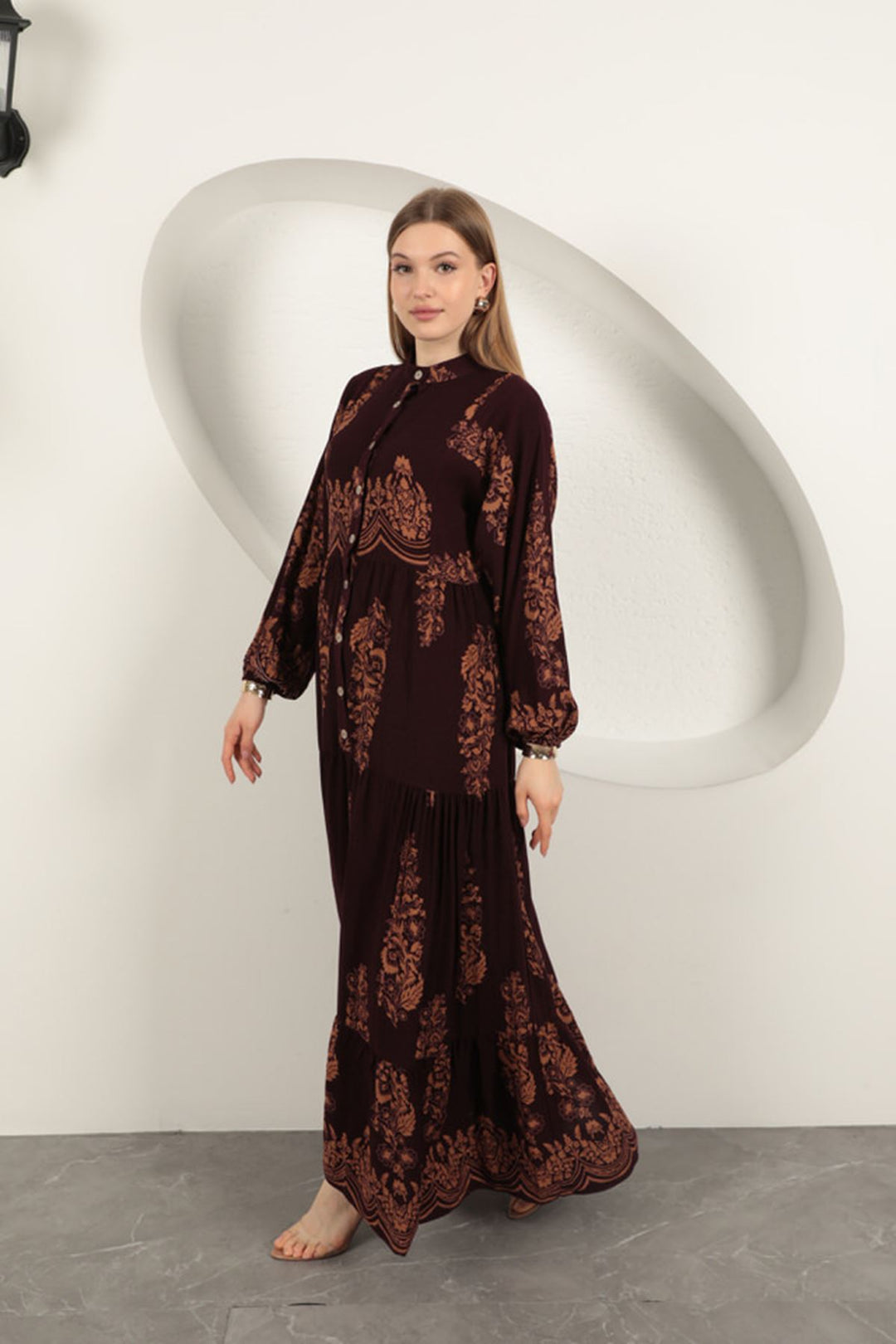 KKT Viscose Fabric Ethnic Pattern Women's Dress-Burgundy - Beveren