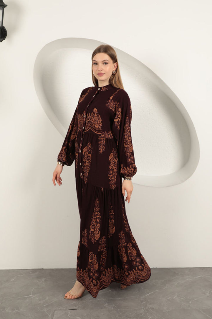 KKT Viscose Fabric Ethnic Pattern Women's Dress-Burgundy - Beveren