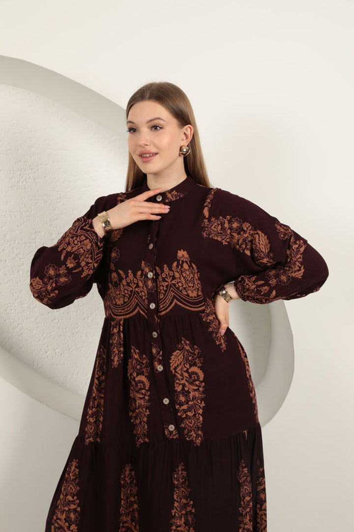 KKT Viscose Fabric Ethnic Pattern Women's Dress-Burgundy - Beveren