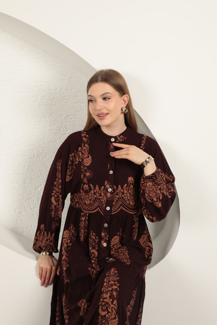 KKT Viscose Fabric Ethnic Pattern Women's Dress-Burgundy - Beveren