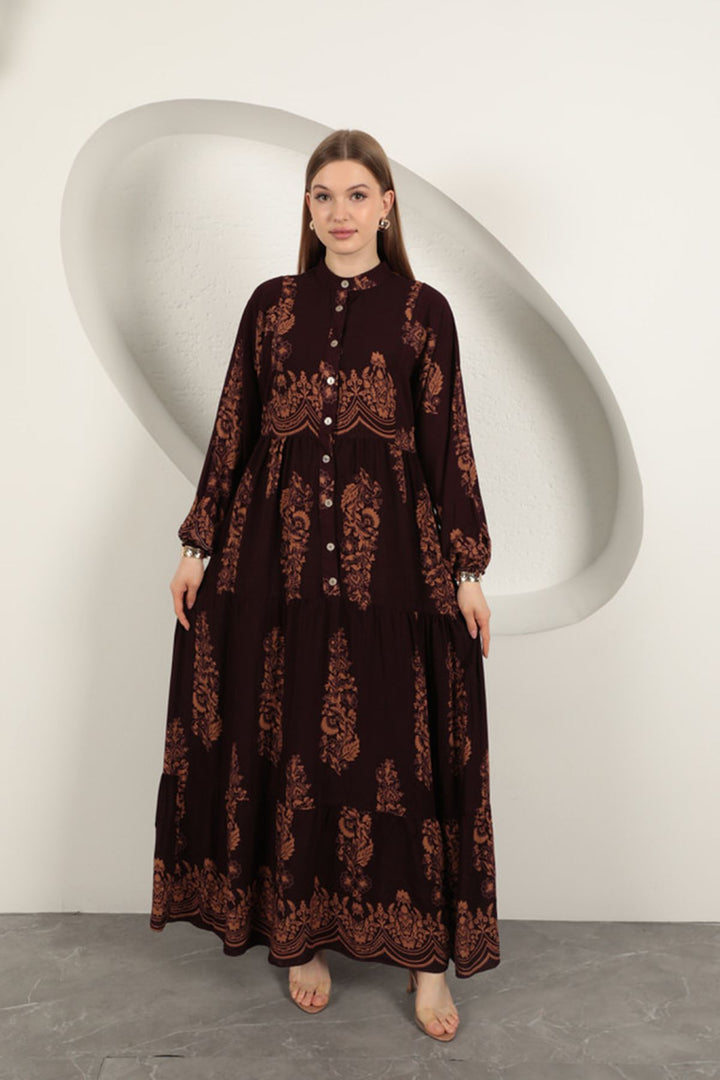 KKT Viscose Fabric Ethnic Pattern Women's Dress-Burgundy - Beveren