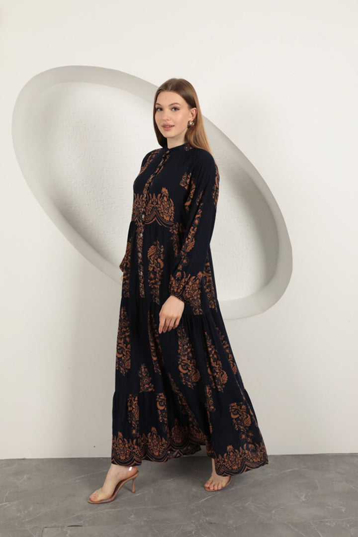 KKT Viscose Fabric Ethnic Pattern Women's Dress-Navy Blue - Guildford