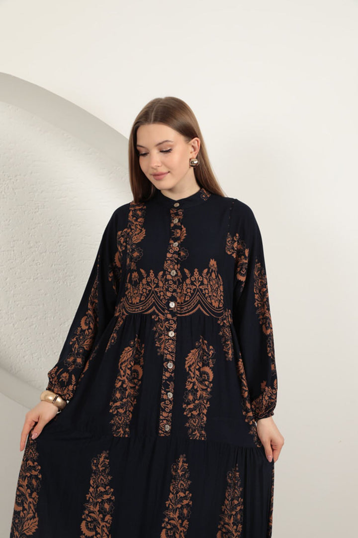KKT Viscose Fabric Ethnic Pattern Women's Dress-Navy Blue - Guildford
