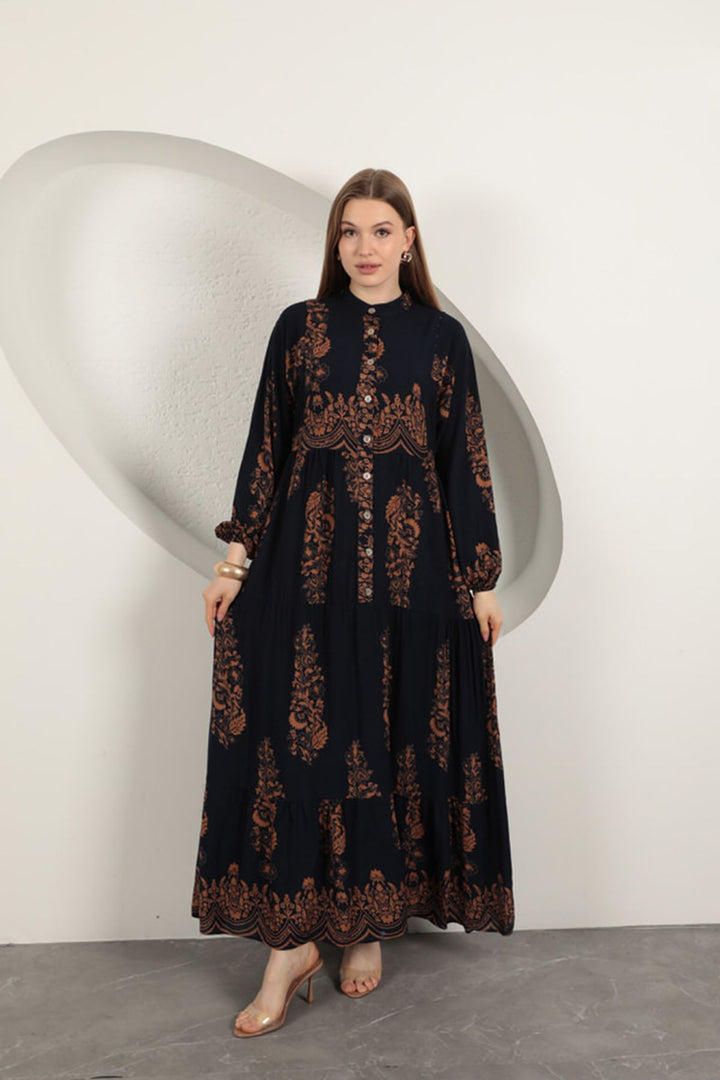 KKT Viscose Fabric Ethnic Pattern Women's Dress-Navy Blue - Guildford