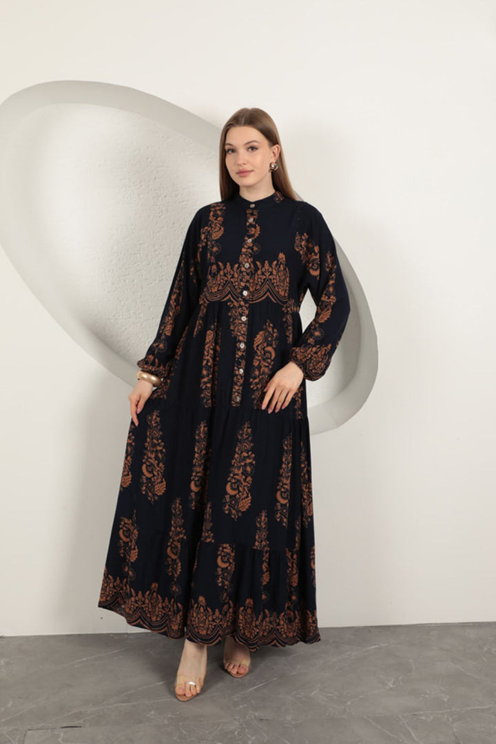 KKT Viscose Fabric Ethnic Pattern Women's Dress-Navy Blue - Guildford