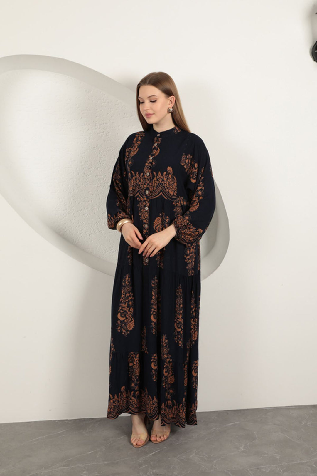 KKT Viscose Fabric Ethnic Pattern Women's Dress-Navy Blue - Guildford