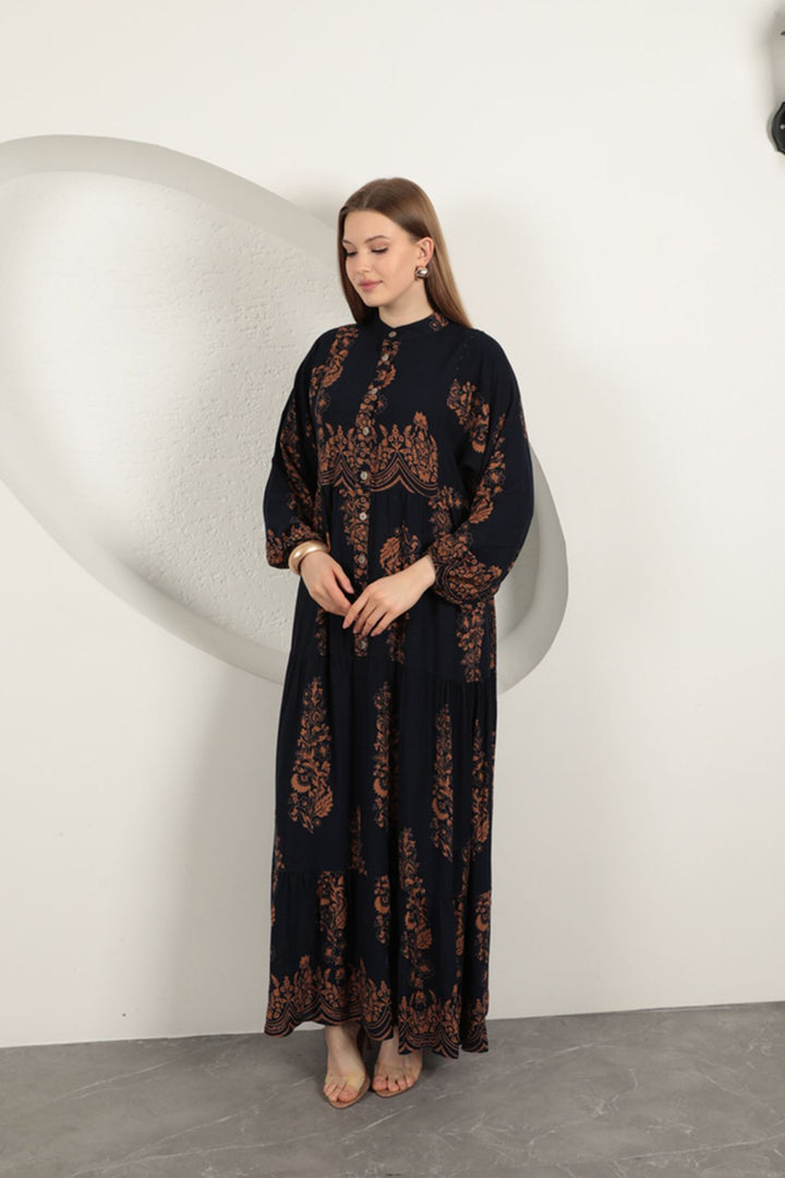 KKT Viscose Fabric Ethnic Pattern Women's Dress-Navy Blue - Guildford